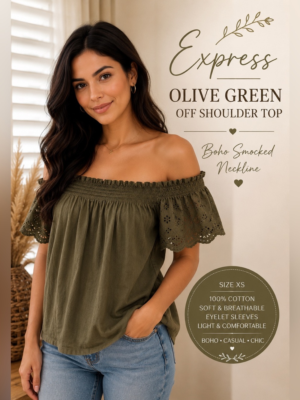 Express Olive Green Off Shoulder Cotton Boho Smocked Top XS